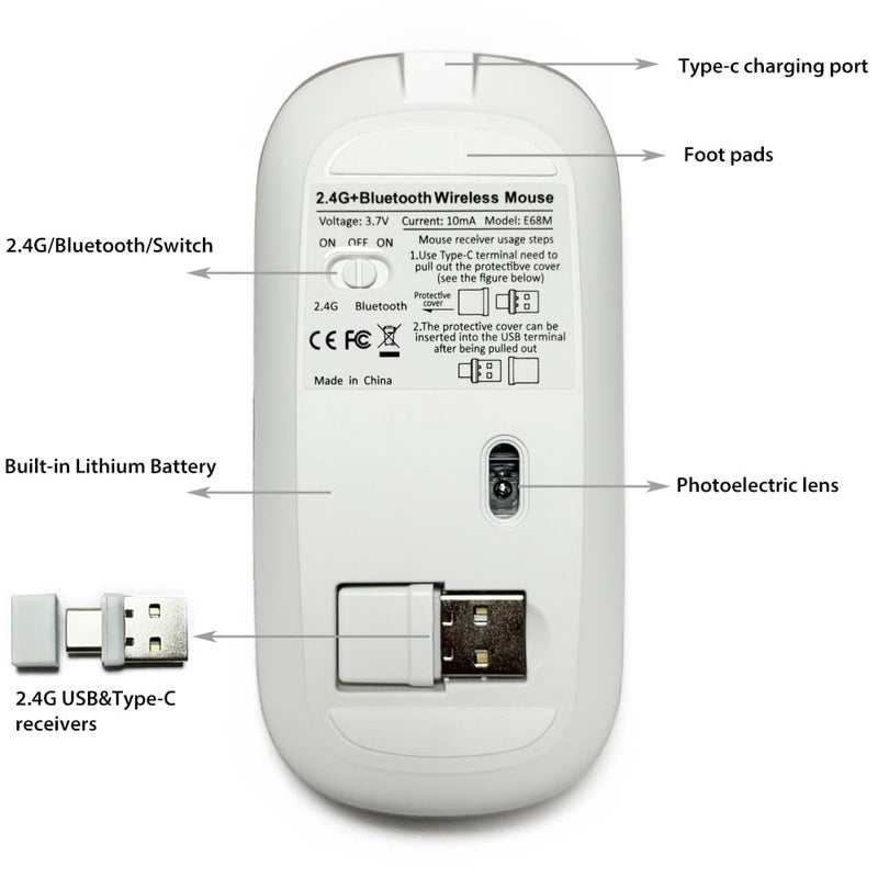 KLO LED Rechargeable (BT5.2+Type-C+USB2.4G) Bluetooth Mouse for MacBook/MacBook air/Pro/iPad/Laptop/Notebook/pc/Chromebook (A LED/Pink) - Image 4